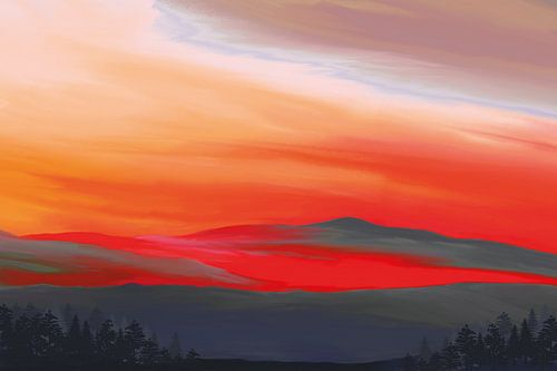 Peinture de paysage aux couleurs intenses rouge et orange