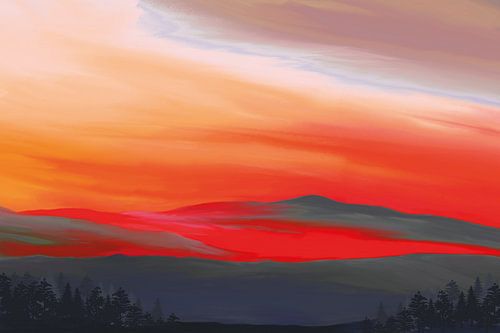 Landscape painting in intense colours red and orange