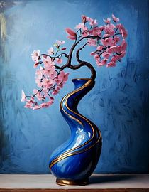 Blühender Kirschzweig in einer blauen Soliflore von Martine Affre Eisenlohr