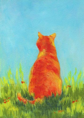 Chat rouge dans la prairie verte