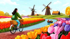 Radfahrerin entlang Tulpen und Windmühlen von Frank Heinz