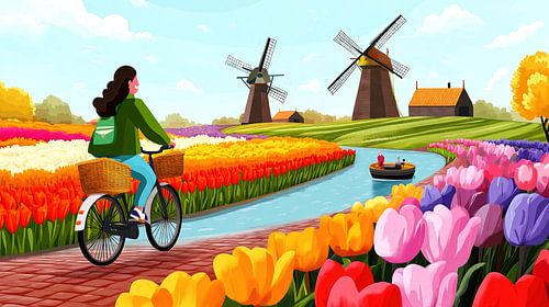Fietser langs tulpen en windmolens