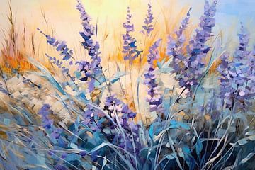 Lavendel | Zacht fluisterende bloemen | lavendelbloemen | pastelgeel. van Studio Blikvangers