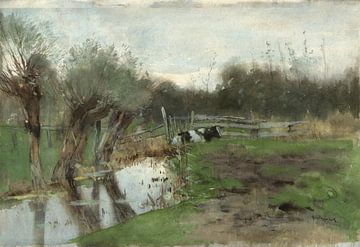Meadow with reclining cow near a ditch, Geo Poggenbeek