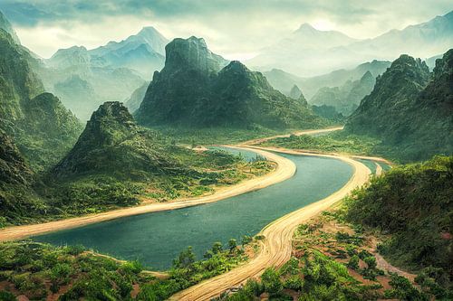 Schilderij Lake in Jurassic Valley Illustratie