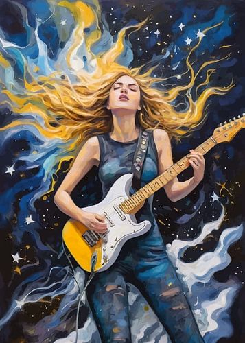 Vrouw speelt elektrische gitaar in abstracte sterrennacht