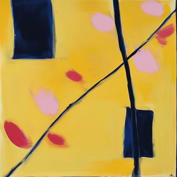 Dynamische compositie van lijnen en vormen op geel van Color Square