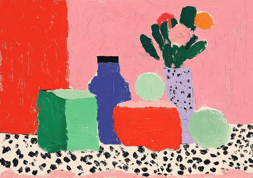 Abstract still life with colourful shapes and flowers on a pink background by Niklas Maximilian