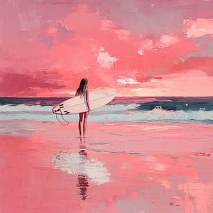 Femme surfeuse coucher de soleil rose