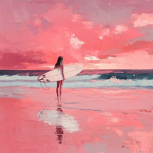 Vrouw surfer roze zonsondergang