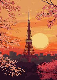 Sonnenuntergang am Tokyo Tower und Kirschblüten von Art Kingdom