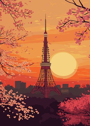 Zonsondergang bij de Tokyo Tower en kersenbloesems