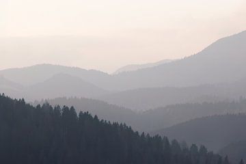 Uitzicht over de alpen | bergen in de mist | pastelkleuren van Laura Dijkslag