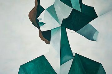 Geometrisch portret van een vrouw in groene tinten van Poster Art Shop