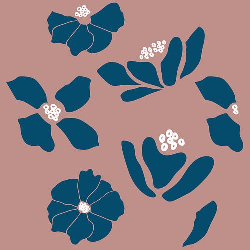 Bloemenmarkt. Moderne botanische kunst in donkerblauw, wit, donkerbeige