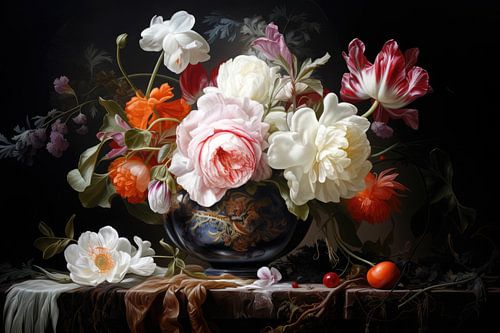 Stilleven grote gekleurde bloemen in zwarte vaas