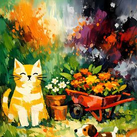 Chat jaune avec un chien en peluche sur Linda de Klein