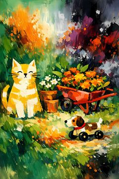 Gele kat met speelgoedhond