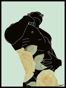Minimalist  Masculine Silhouette with Yellow Roses on Sage Green, Male Torso with Watercolor Roses, Line Art