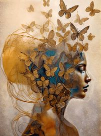 Modern portrait of a Woman with Butterflies around her head, series dreamy gold by Studio Pieternel