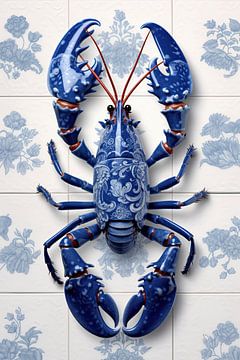 Lobster Luxe - Lobster bleu de Delft sur anciens carreaux de cuisine sur Marianne Ottemann - OTTI