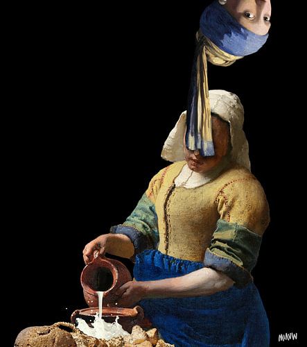 Vermeer zusjes popart Meisje met de Parel, Melkmeisje - zwart