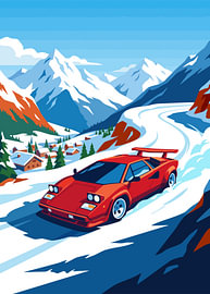 Une Lamborghini Countach rouge file à toute allure sur une route de montagne enneigée traversant un village sur Adam Khabibi