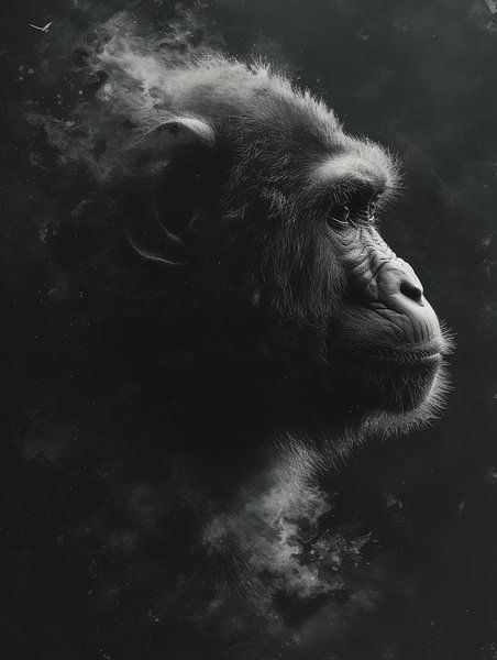 Contemplatieve Blik Gorilla in Monochroom van Eva Lee