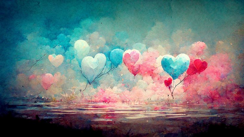 Paysage paisible avec des nuages colorés en forme de cœur flottant au-dessus de l'eau par Berit Kessler