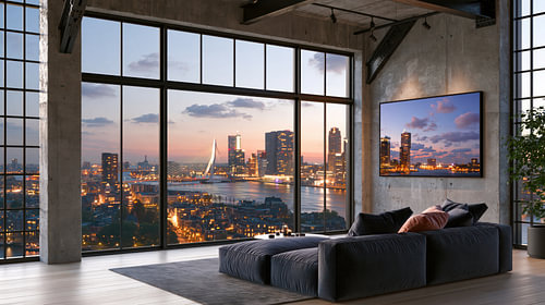Doorkijkje Rotterdam Loft – Industrieel Penthouse met Skyline bij Avond