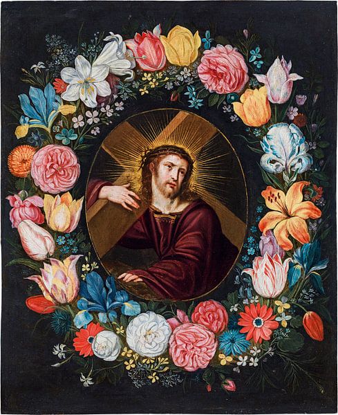 Jan Brueghel the Younger, Christ carrying the cross in a garland of flowers, 1640s by Atelier Liesjes