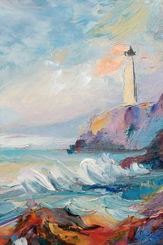 Zeelandschap met vuurtoren in felle kleuren