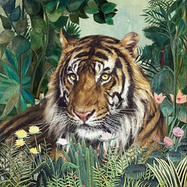 Reclining Tiger in a Rousseau Landscape by Marja van den Hurk