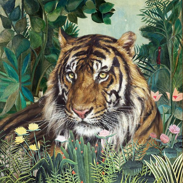 Reclining Tiger in a Rousseau Landscape von Marja van den Hurk