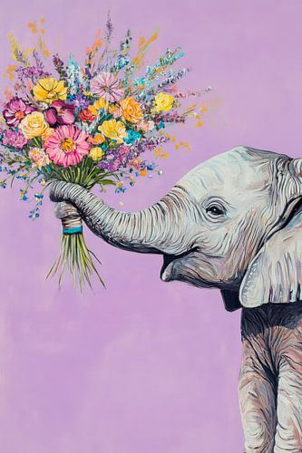 Olifant met boeket bloemen