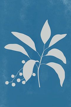 Moderne botanische Kunst. Pflanze mit Beeren in Off-White auf Blau von Dina Dankers