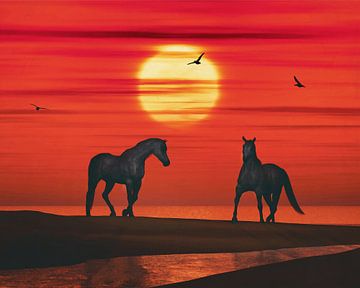 Twee paarden en een zonsondergang