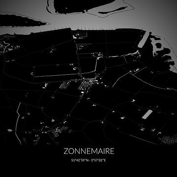 Zwart-witte landkaart van Zonnemaire, Zeeland. van Rezona