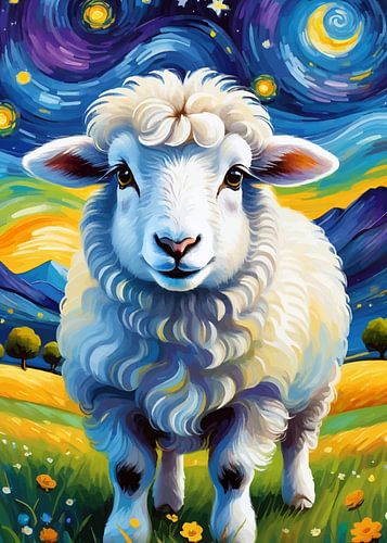 Fluffy White Sheep Starry Night