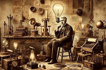 Erfindergeist des Thomas Edison: Ein Genie umgeben von Kreativität von artefacti