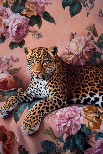 Leopard vor Blumenhintergrund von Poster Art Shop
