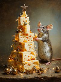 Kerstmuis bij een feestelijke kaasboom vol lichtjes en kerstballen