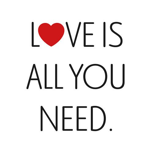 Leinwand mit rotem Herzen und weißen Buchstaben, die 'Love is all you need' bilden