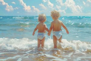 deux enfants sur la plage regardant vers la mer sur Egon Zitter