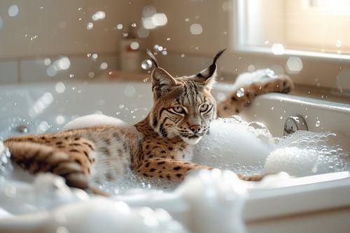 Ontspannen Euraziatische lynx in bad - een fascinerend badkamerkunstwerk voor je toilet