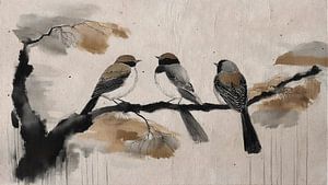 Sumi-e-Gemälde: Drei Vögel auf einem Zweig