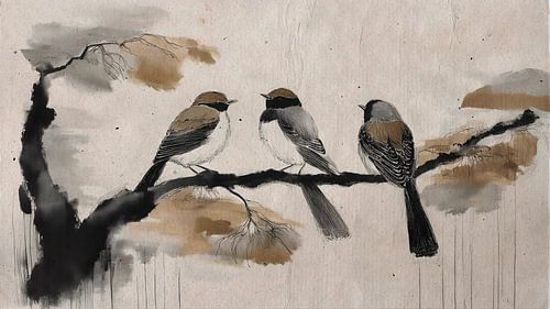 Sumi-e-Gemälde: Drei Vögel auf einem Zweig