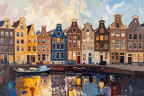Hollandse grachtenpanden in expressieve schilderstijl aan het water