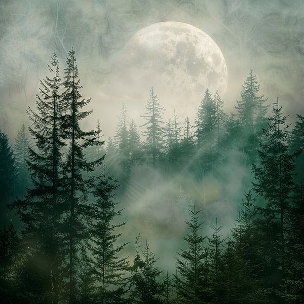 Wafts of mist in the moonlight - Mystical forest by Poster Art Shop