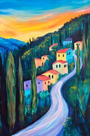 Farbenfrohe Landschaft mit Weg und Häusern von Poster Art Shop